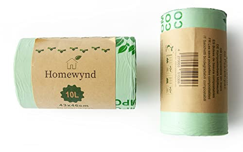 Homewynd 10 L Lot de 50 sacs poubelles biologiques biodégradables à base de plantes | Sacs poubelles 10L | Sacs à ordures compostables biologiques pour cuisine/bureau | 46 cm x 43 cm (diamètre)