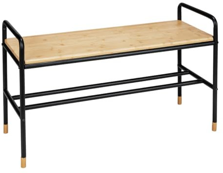 WENKO Schuhbank Loft, Schuhregal im Fabrikflair mit Ablage für bis zu 4 Paar Schuhe, aus Stahlrohr mit massiver Sitzfläche aus FSC®-zertifiziertem Bambus, 85 x 50 x 33,5 cm, Schwarz/Natur