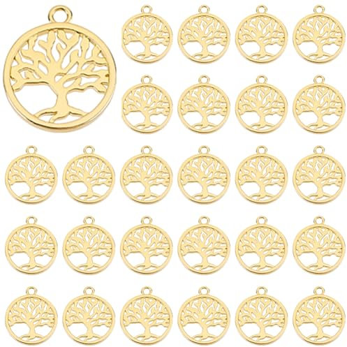 DICOSMETIC 30Pz Ciondoli Albero Della Vita Ciondoli In Ottone Cavo Antico Piatto Rotondo Ciondoli Albero Della Vita Ciondoli Albero di Natale Dorato per Creazione di Gioielli, Foro: 1.6 mm