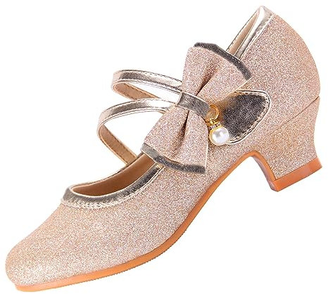 EIGHT KM Scarpe Mary Jane con Tacco Alto da Ragazza Principessa per Matrimonio e Festa EKM7035 Scintillio Glitter Perla Minerva Oro Misura EU 25