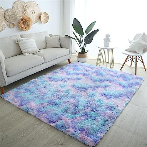 Reyox Shaggy Teppich Hochflor Langflor, Anti-Rutsch Teppiche Tie Dye Pflegeleicht für Wohnzimmer Schlafzimmer Bettvorleger Blau Mehrfarbig 140 x 200 cm