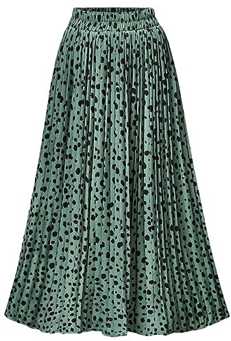 Damen Rock Leopardenmuster Midi Lange Raffröcke Hohe Taille A-Linie Röcke, A-Leopard Grün, XX-Large