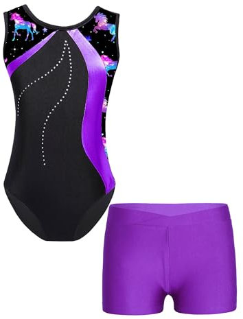 iEFiEL 2 Pezzi Body Ginnastica Artistica Bambina Leotards con Pantaloncini Stampato Patchwork Tuta da Danza Classica Balletto Costume da Allenamento Viola F 9-10 anni