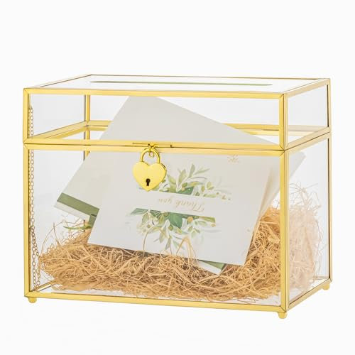 NCYP 25x14,2x19,8 cm Goldfarbene Glas Hochzeits Kartenbox mit Schlitz und Schloss, Umschlagbox mit Deckel für Geburtstagsparty, Vintage Rechteckige Dekoration (Glasbox und nur Schloss)