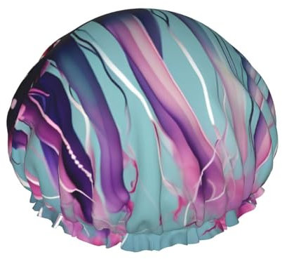 Jellyfish Print Reusable Shower Cap for Women Double Layer Waterproof Quick Dry Bath Cap