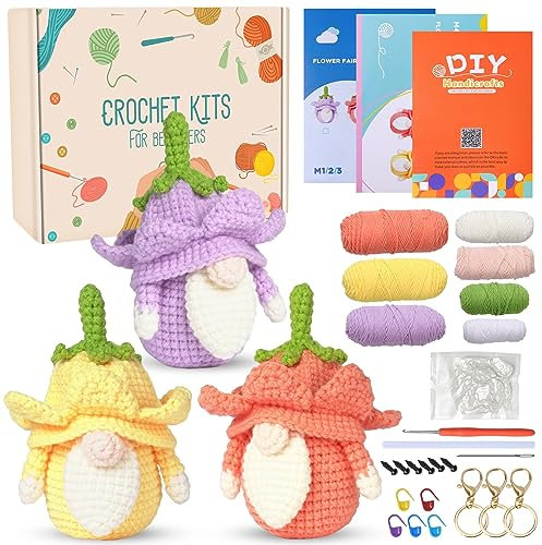 Jodimitty Häkelset Tiere Häkeln für Anfänger Erwachsene 3 Stück Blumenelfe Häkel Set All-in-One Häckeltierchen Set Crochet Set mit Anleitung, Häkelzubehör DIY Bastelgeschenke