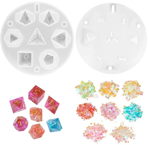 Würfel Silikonform, 7 Formen Siliconformen mit 8 Bunten Pailletten, Würfelform Resin Silikonform, Cube Würfel Siliconformen Set mit Zahlen D4, D6, D8, D10, D12, D20