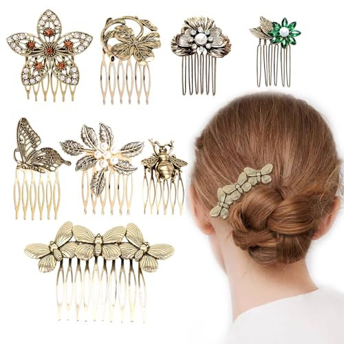 8 Pack Vintage Haar Seite Kämme für Frauen dekorative, Retro Gold Perle Strass Metall Haar Kamm Clips mit Zähnen Griff Kristall Braut Haarteil Pins für Hochzeit Zubehör