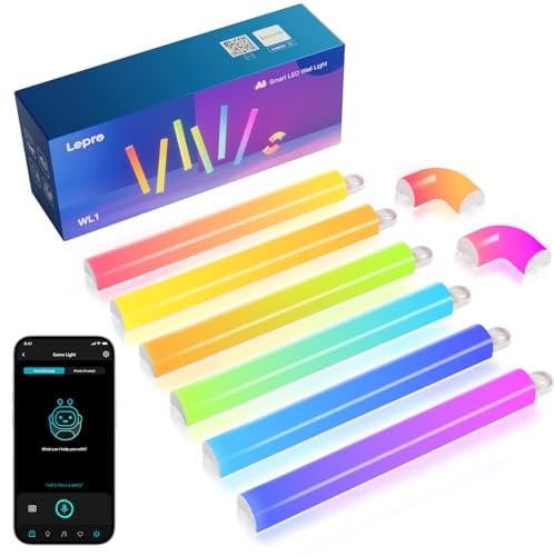 Lepro AI Glide Wall Light WL1, Wandleuchte mit Eingebautes Spracherkennung, Musik Sync, unterstützt Alexa & Google Assistant, KI-Lichtdesign-Assistent für Gaming Party Wand Deko, 6 Stück und 2 Ecke