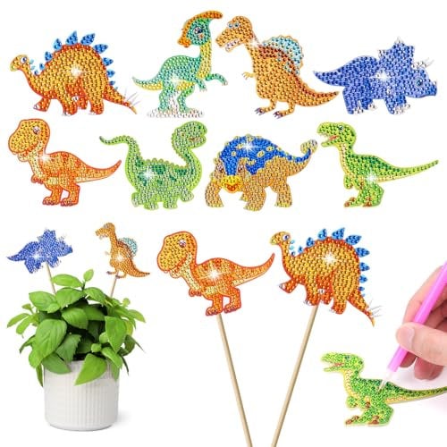 AUAUY 8 Stück Diamond Painting Dinosaurier Sets, Gartenstecker Diamond Painting Kinder Erwachsene Gartendekoration für Draußen und Drinnen Balkon Deko, Basteln für Kinder Diamont Painting Geschenk