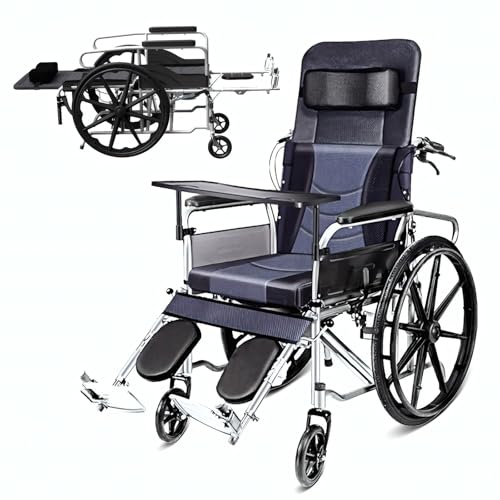 Foldable Transport Wheel Chair for Adults, Self-Propelled High Back Fully Reclining Wheelchair with Adjustable Leg Guards and Footrests, All-Terrain Lightweight Wheelchair with Detachable Arms