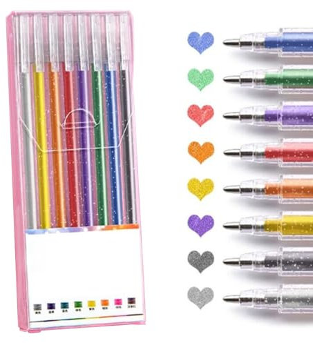 Generic Glitter Gel Pen Set, 8 Pieces, 1.0mm Tip, Vibrant Colour, Free Flowing, Coloured Writing Pens for Coloring Books, Cards, Journaling, Crafting, Drawing, Writing