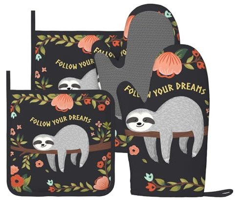 Funny Animal Faultier Ofenhandschuhe und Topflappen, Set mit 4 hitzebeständigen Silikon-Ofenhandschuhen, rutschfeste Handschuhe, Küchendekoration für Grillen, Kochen, Grillen, Backen