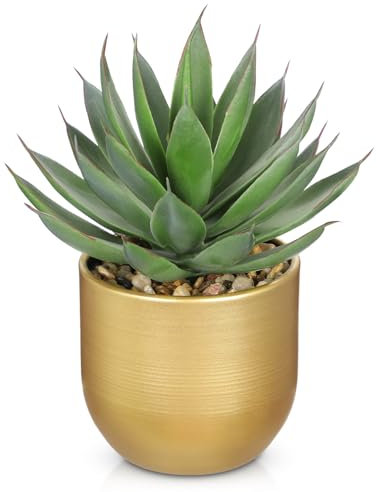 Hollyone Fake Succulents in Gold Ceramic Pot, 8'' Frosted Artificial Agave Shaka Zulu, Faux Plants Indoor Decorative Greenery for Home Decor, Office Desk, Windowsill, Bathroom, Shelf Decorations