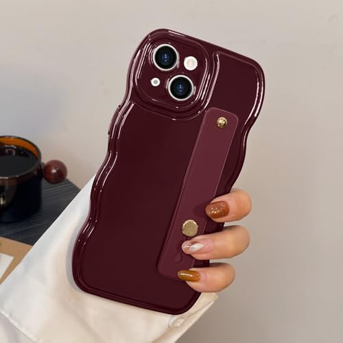 LAPOPNUT for iPhone 14 Case With Wrist Strap,Adjustable Wristband Finger Holder Kickstand Phone Case for Women Girls,Cute Curly Wave Frame Shape TPU Cover for iPhone 14 6.1,Wine Red