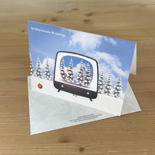 witzige Weihnachtskarte für Nostalgiker: Der kleine Fernseher für unterwegs. Klappkarte DIN A6 mit Direktrecyclingumschlag C6