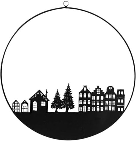 Weihnachtsdeko Metallring Winterlandschaft Hängedeko für Fenster Türkranz - Schwarzer Ring in Ø 40 cm, ideale Fenster- & Wanddeko für Weihnachten - Als Anhänger, für Haustüren und Wohnräume
