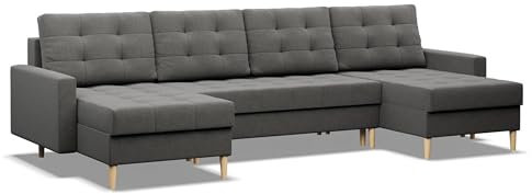 Mebligo - Ecksofa mit Schlaffunktion und Bettkasten Elma, U-Sofa, Sofa U Form (BxTxH) 294 x 140 x 88 cm, Couch Wohnzimmer, Ecke Sofa Wohnlandschaft, Schlafsofa, Dunkelgrau (Lux 6)