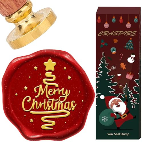 craspire Weihnachtsbaum Wachssiegel Frohe Weihnachten Stern 25mm Retro Vintage Ersatz Goldenes Messing Mit Holzgriff Siegelwachsstempel Für DIY Scrapbooking Einladungen Umschläge Weinpakete