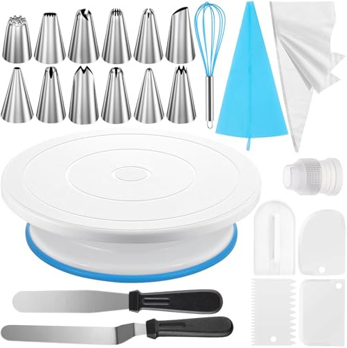 KOUHA Torten Zubehör Set Tortenplatte Drehbar Backzubehör Kuchen Drehteller Backset Spatel Teigschaber Spritzbeutel Spritztüllen Tüllen Konditorei Zubehör Torten Dekorieren Zubehör (72pcs)