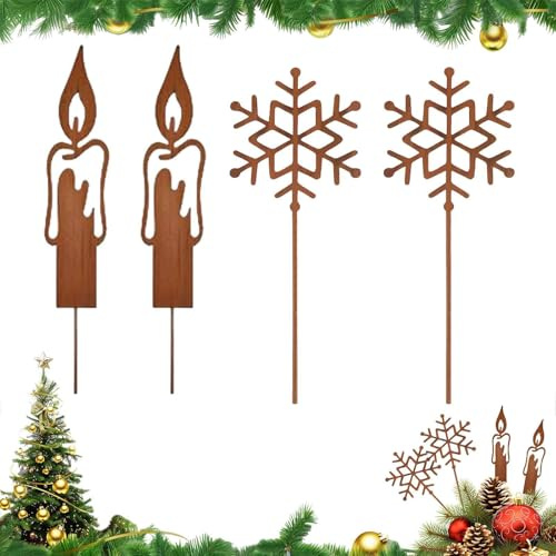 CUVZORA 4 Stück Gartenstecker Weihnachten Kerzen, Gartenstecker Rost Weihnachten, Schneeflocken Gartendeko, Weihnachtsdeko Draußen, Rasen Dekorative Schilder, Roststecker