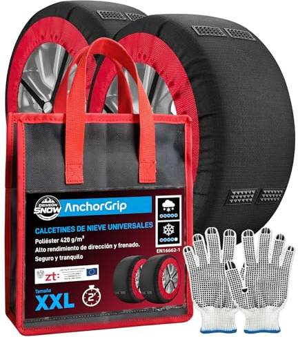 Eurocali Cadenas de Nieve Textiles Coche Homologadas EN 16662-1 Talla XXL - DriveonSnow AnchorGrip con Tacos para Tracción Estabilidad y Antideslizamiento Montaje Rápido - Nieve y Hielo hasta 40 km/h
