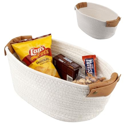 SenaiMy Woven Storage Basket, White Oval Gift Basket for Toys, Clothes, Books, Cotton Rope Storage Basket with Handles Leather for Shelves, Nursery, Living Room, Bath Room Nordic Style Home Decorative