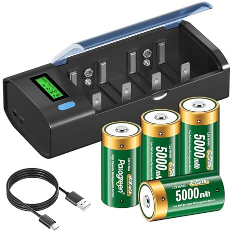 Palogreen Cargador de Pilas Recargable Universal LCD con Batería C 5000mAh, Cargador de Batería Rápido para Pilas Recargables AA/AAA/SC/C/D Ni-MH, con Función de Descarga