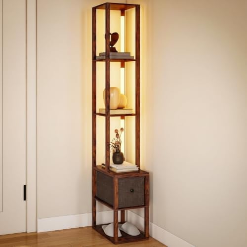 HOMCOM Stehlampe Dimmbare LED Standlampe mit Regalen Rustikal-Braun | Stoffschublade, Fußschalter, Moderne Standleuchte, für Schlafzimmer, Büro