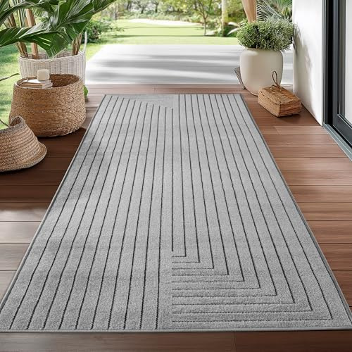 KADIMA DESIGN In- & Outdoor-Teppich Skandinavischer 3D-Design Wetterfest Waschbar Strapazierfähig Läufer Silber 80x250 cm Balkon Terrasse Küche Oeko-TEX | ENGADIN