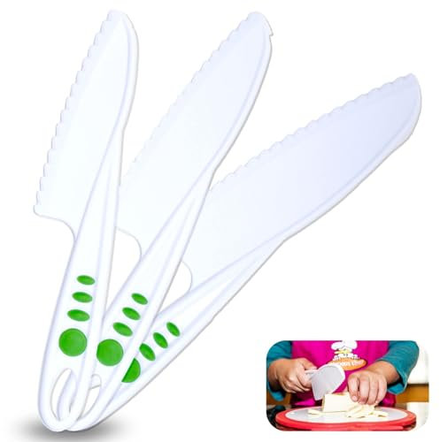 Curious Chef Kids Cookware - 3-teiliges Messerset I echte Utensilien, spülmaschinenfest, BPA-frei I kindersicher I schneidet Obst & Gemüse I klein, mittel & groß weiß/grün