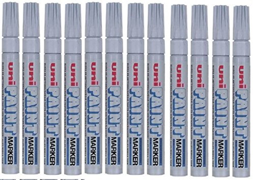 Uni Coloured Medium (2.2-2.8mm) PX-20 Silver Oil Paint Marker Pen Metal Glass Wood Plastic Stone Outdoor Bullet Nib Tip (Pack Of 12)