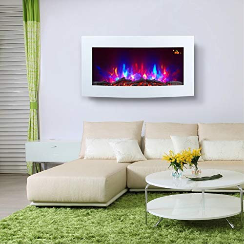 2025 TRUFLAME WHITE 89.2CM WIDE CURVED GLASS 7 COLOUR CHANGING LED WALL MOUNTED LOG EFFECT ELECTRIC FIRE