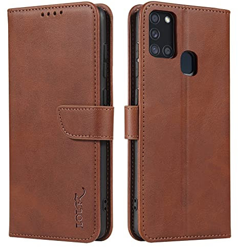LOLFZ Wallet Case for Samsung Galaxy A21S, Vintage Leather Book Case with Card Holder Kickstand Magnetic Closure Flip Case Cover for Samsung Galaxy A21S - Coffee Brown