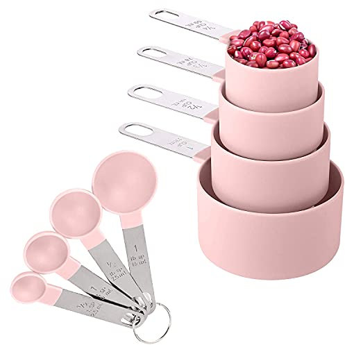 8 Pieces Measuring Cups and Spoons Set / Nesting Measuring Cups with Stainless Steel Handle / for Dry and Liquid Ingredient (Light pink)