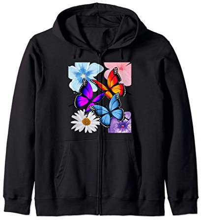 Graziosi fiori e farfalle rosa blu viola giallo bianco Felpa con Cappuccio