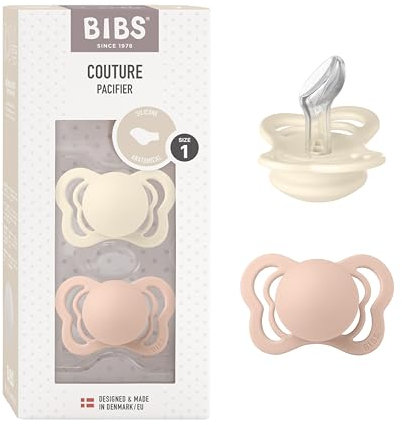 Tétine BIBS Couture. Lot de 2 sucettes. Sans bisphénol A, Téterelle anatomique. Silicone, Taille 1 (0-6 mois), Ivory/Blush