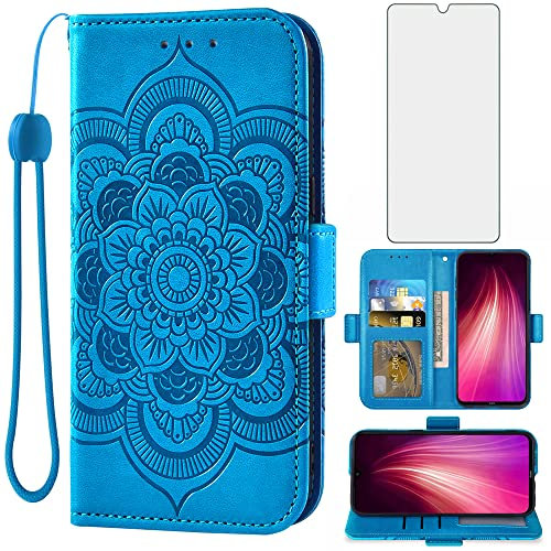 Asuwish Funda para Xiaomi Redmi Note 8 Pro con Cristal Templado Protector Pantalla Vidrio Pelicula Protectora Libro Cuero Piel Tarjetero Soporte Note8 8pro M1906G7G Tapa Carcasa Movil Capa Case Azul