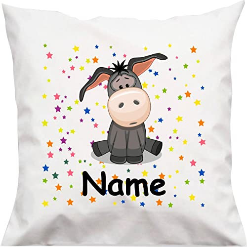 Kuschelkissen Esel mit Wunschnamen Tiermotiv Sterne Sterne, Kinderzimmer Kuscheln, Kopfkissen Dekokissen mit Füllung, Größe 40X40cm, Farbe weiß