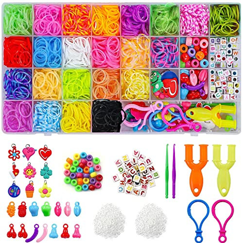 Elekin Loom Bänder Set für Kinder, 2500+ Bunt Gummibänder DIY Loombänder Kasten Mit Zubehör (Perlen, Anhänger, Charms, Y Loom, S-Clips und Häkelnadeln) für Armbänder, Präsent für Junge Mädchen