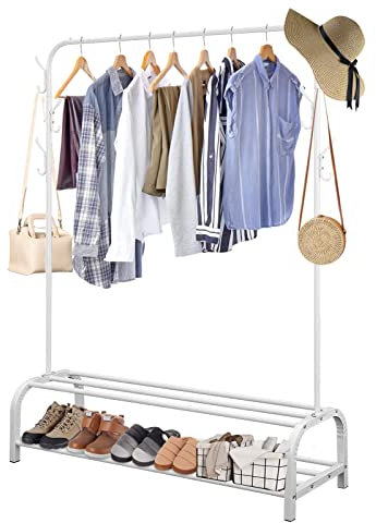 Youyijia Kleiderständer Stabil Metall Kleiderstange Freistehender Kleiderbügel Mit Ablage Schlafzimmer Single Pole Kleideraufbewahrung Mit 2-Stufiger Storage Shelf Und 6 Haken Bügel (Weiß)