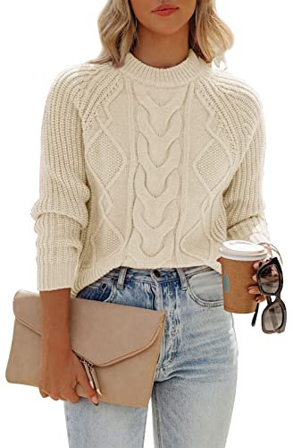 Ancapelion Women’s Long Sleeve Jumpers Crew Neck Sweater Cable Knitted Cream Jumper Pullover Tops for Ladies XL