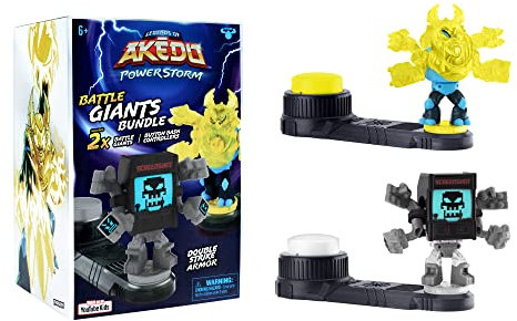 Akedo Legends Powerstorm Riesenbox Duellbox mit 2 Riesenkriegern Thoraxis VS Screenshot 2.0 mit Doppelschuss Rüstung und 2 Controllern mit Knopf.