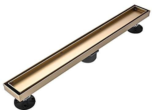 AVSIILE Linear Shower Floor Drain, Brushed Gold 24 Inch 304 Stainless Steel Bathroom Drains Kit, Rectangular Shower Trench Drain with Reversable Tile-in Pattern Drain Cover & Hair Catcher