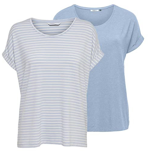 ONLY Tshirt Damen Bluse Top ONLMOSTER 2er Pack Regular Fit Rundhals Basic Kurzarm Shirt Streifen, Größe:M, Farbe:Cashmere Blue w/cd Stripes