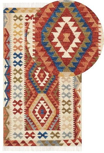 Tapis Kilim Multicolore en Laine 80 x 150 cm avec Frange Oriental Fait Main Oshakan