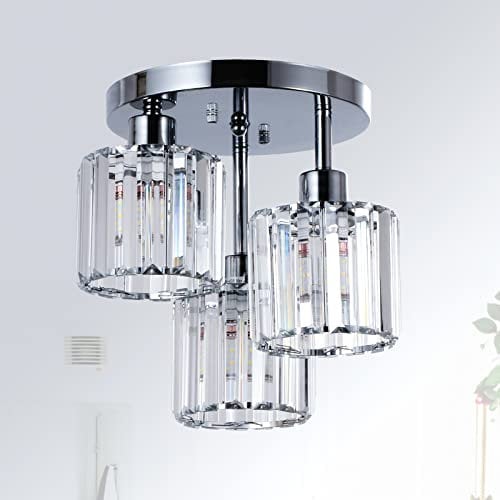 Rayofly Modern Kristall Kronleuchter, 3-flammig Kristall Deckenleuchte mit Glas Lampenschirm, Deckenlampe Hängend Wohnzimmer, Glas Pendelleuchte für Schlafzimmer, Küche, Flur, Badezimmer, Chrom