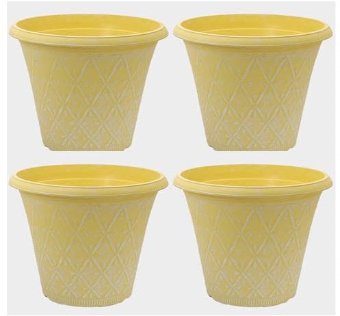 Fyne-Finds Set of 4 Round 30cm, 12inch Garden Plastic Material Plant Pot Yellow Outdoor Planter Decorative Cover, Drainage Holes, Weather Proof