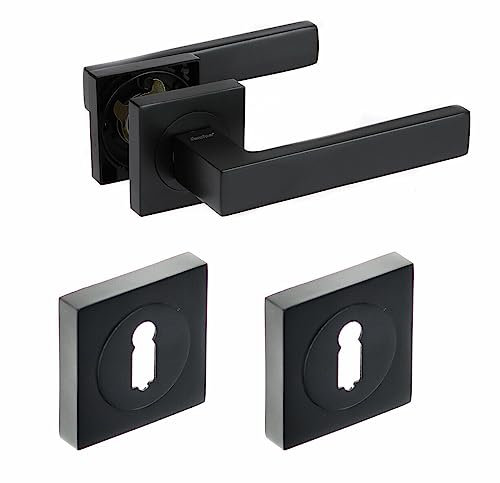 Haus Werkzeuge Türklinke Aluminium Set - Türgriffe in Mattschwarz - Minimalistisches Design für Innentüren, WC, Zimmertür, BB Buntbart, PZ Zylinder, LOFT Stil - Eckige Rosetten