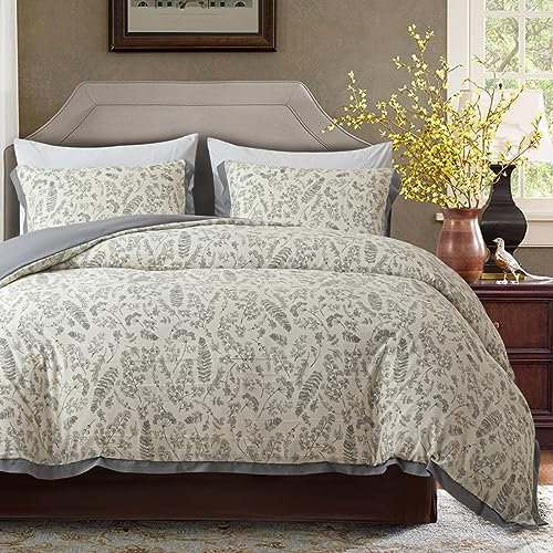 OSVINO Botanical Duvet Cover Set King 3 Pieces 100% Microfiber Breathable Stylish Comforter Grey Plant Floral Pattern Ultra Soft Bedding Set Quilt Cover with Pillowcase